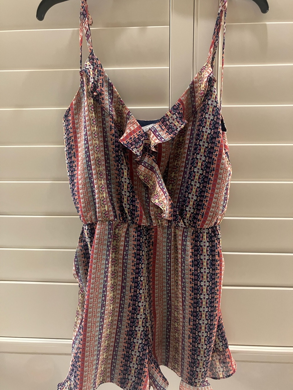 BCBGeneration Black, Rust, Baby Blue & Cream Striped Ruffle-Front Romper
